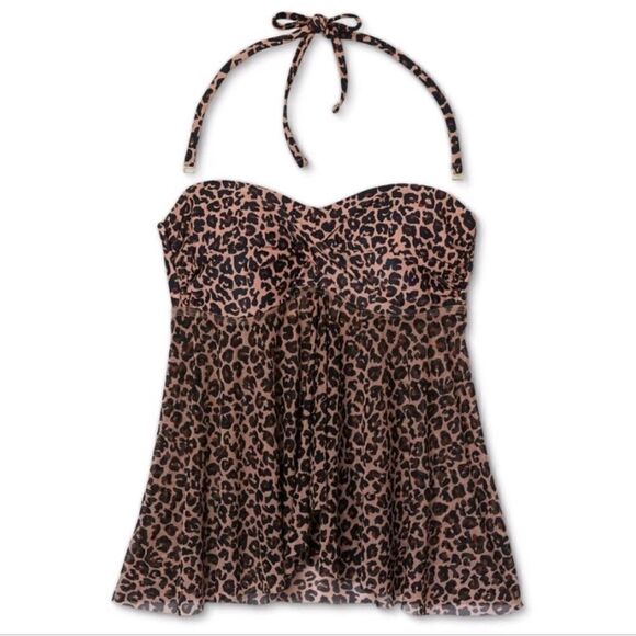 Kona Sol Twist Front Bandeau Flyaway Leopard Print Tankini Swim Top NEW Small - Picture 3 of 8